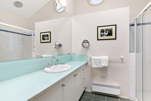 Un bany modern amb un pavelló de dutxa de vidre, un lavabo amb aixeta i dos quadres al mur.