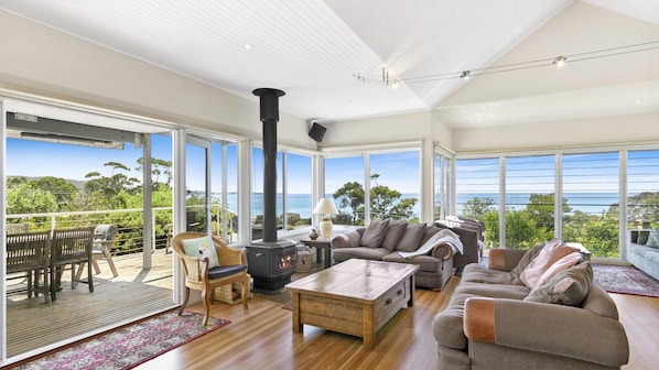 TV, fireplace, DVD player, music library