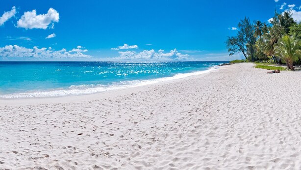 A beach with white sand, clear blue water, and palm trees. - 3 Min Walk to Beach - Blessed Manor (4 Bed House) (Hastings)