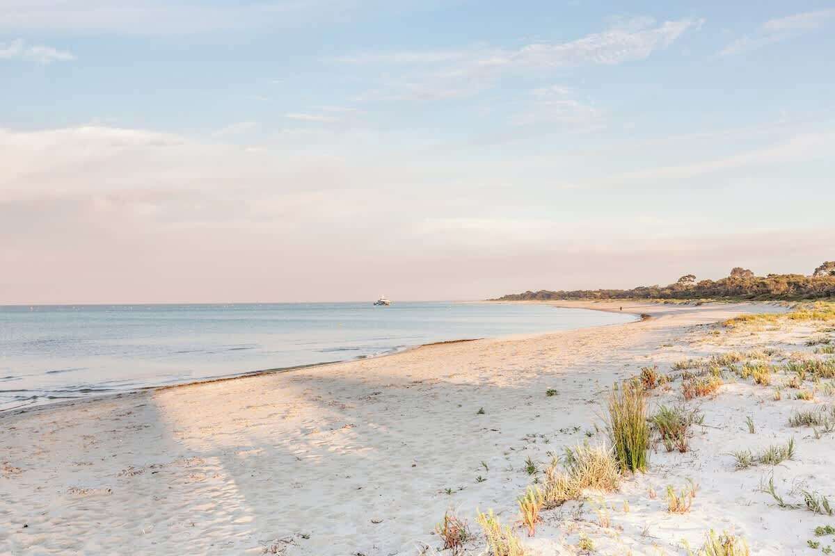 A beach with a sandy shore and a calm sea.