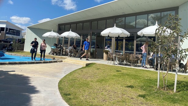 Un bâtiment moderne doté d’une grande façade vitrée, d’un espace extérieur aménagé avec des parasols et d’une piscine.
