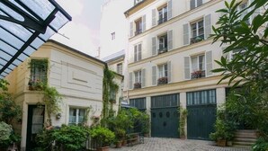 A courtyard with a cobblestone floor, potted plants, and a building with a green gate. - Paris-sur-seine-chez-caroline (Paris)