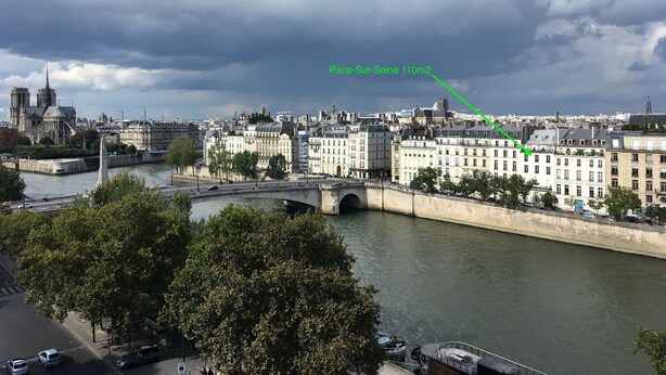 A river with buildings along the banks and a bridge crossing. - Paris-sur-seine-chez-caroline (Paris)