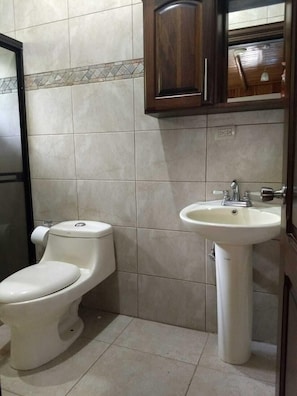 Shower, hair dryer, towels, soap