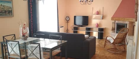 TV, fireplace, books