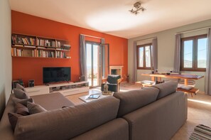 Smart TV, fireplace, DVD player, books