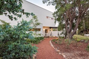 Una casa moderna amb un camí que condueix a l'entrada, envoltada de diverses plantes i arbres.