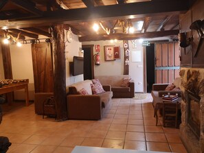 TV, fireplace, video games, table football