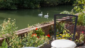 Une terrasse de jardin avec une table et une chaise, un mur en briques et un bassin avec des cygnes.