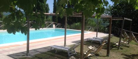 A swimming pool with lounge chairs and a pergola structure.