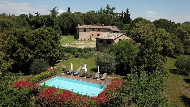 Una villa con piscina rodeada de abundante vegetación y un jardín cuidado.