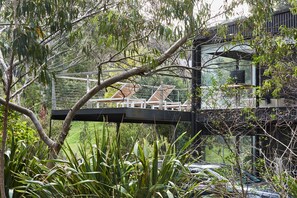 A modern building with a glass facade, surrounded by lush greenery and a metal fence.