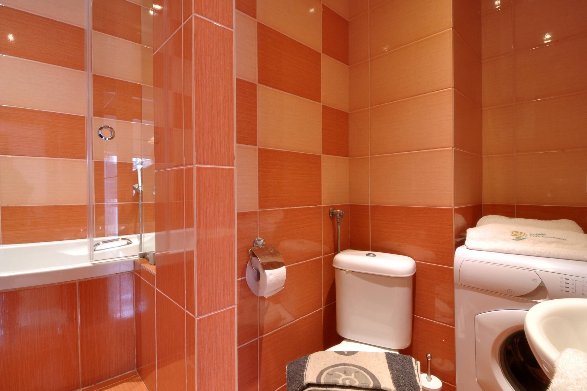 Een badkamer met een douchecabine van glas, een toilet en een wasmachine.