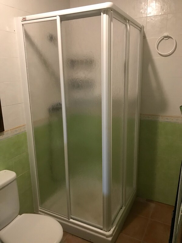 A shower enclosure with a glass door, a toilet, and green-tiled walls. - Rural House located in Las Huertas del Río, Archidona - Málaga (Archidona)