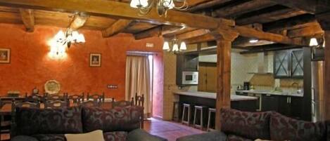 TV, fireplace, books