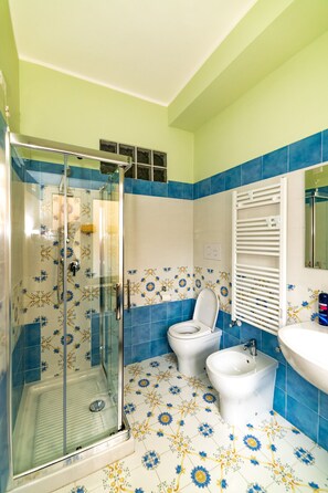 Shower, hair dryer, bathrobes, bidet