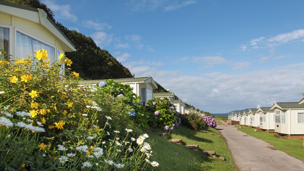 A row of mobile homes with a pathway leading through a garden with various flowers. - 2 Bed Caravan, South Devon Coast nr Plymouth, 200m to Beach + Indoor Heated Pool (PLYMOUTH)