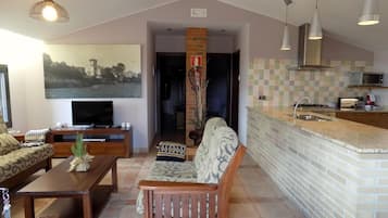 Télévision, cheminée, baby-foot, table de tennis de table