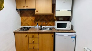 A compact kitchen with wooden cabinets, a sink, a microwave, and a dishwasher. - Self catering Barranco de la Salud for 2 people (Nevada)