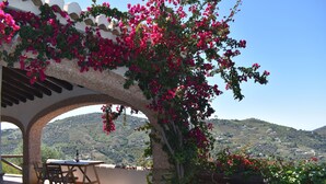 A terrace with a table and chairs, a pergola covered in bougainvillea, and a view of rolling hills. - Finca Ortiz with private pool for 6 people and fantastic views (Cómpeta)
