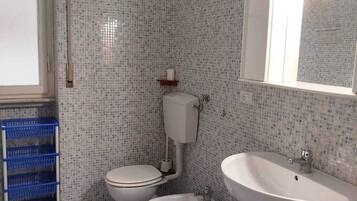 Shower, bidet, towels, toilet paper