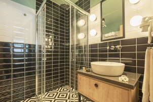 Shower, rainfall showerhead, eco-friendly toiletries, hair dryer