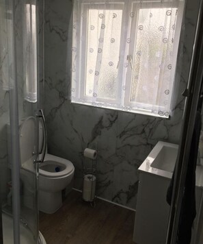 Shower, hair dryer, towels, toilet paper