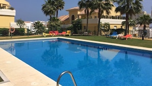 Une piscine avec des chaises longues et des palmiers.