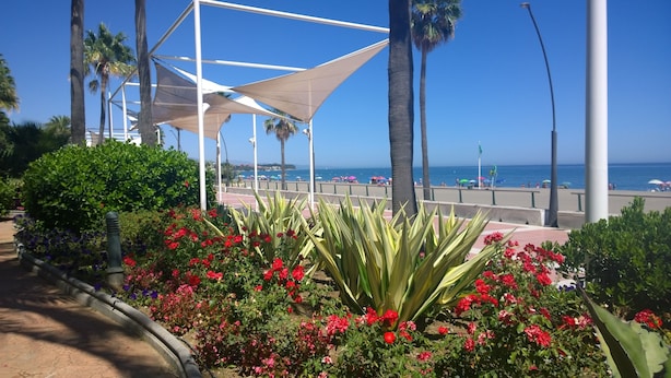 Une promenade en bord de mer agrémentée d’une pergola blanche, de palmiers et de fleurs rouges.