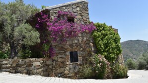 A stone building with a sloped roof, surrounded by lush greenery and purple bougainvillea vines. - Finca Durillo with private pool for 6 people (Competa)