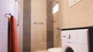 Une salle de bain avec une douche, des toilettes et un lave-linge.