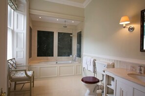 Combined shower/tub, hair dryer, towels, soap