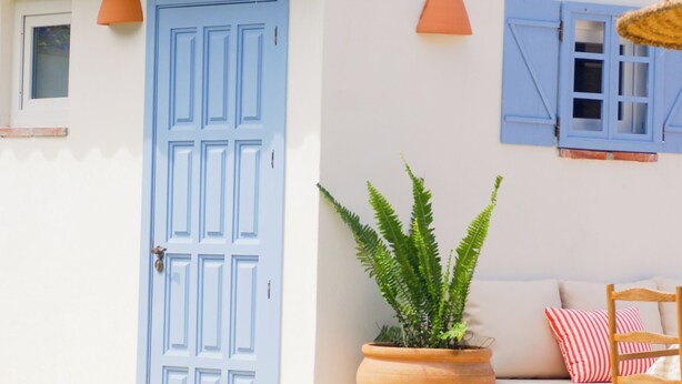 Zona piscina con una porta blu, una pianta in vaso e una sedia in vimini.