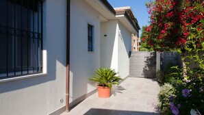 A narrow outdoor corridor with a potted plant and a white umbrella.