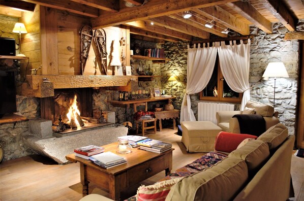 Smart TV, fireplace, DVD player, books