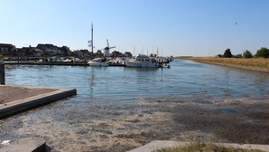 A marina with boats docked, a clear sky, and a grassy bank.