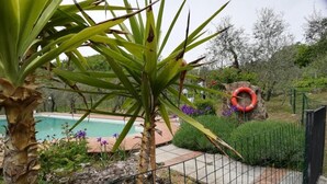 A landscaped garden with a swimming pool, a rock formation, and a fence. - Farmhouse in Chianti (gaiole in chianti)