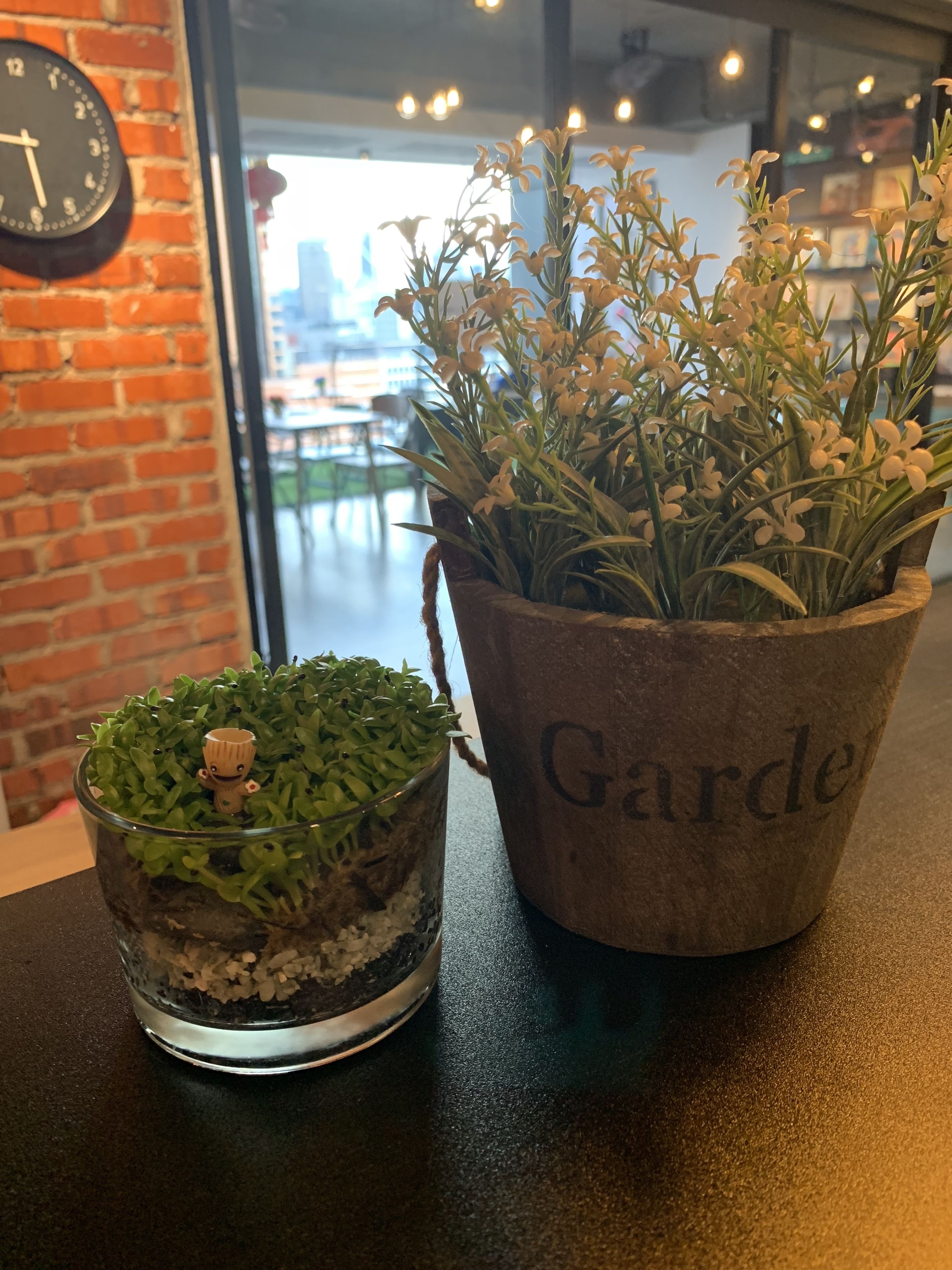 A glass terrarium with a small figurine, a potted plant labeled "Garden," and a brick wall with a clock.