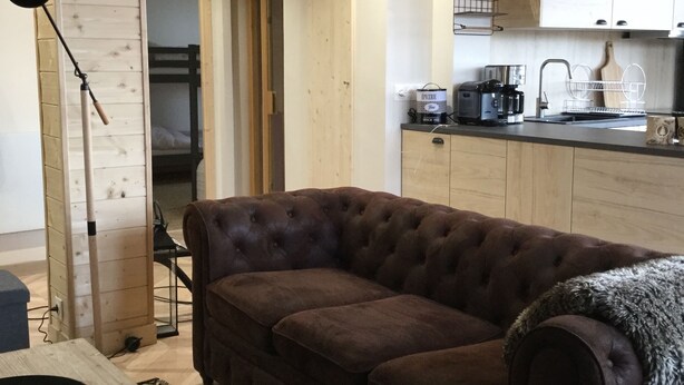 A cozy living area with a brown sofa, a wooden coffee table, and a patterned rug. A kitchen area is visible with wooden cabinets and a sink. - New! Superb apartment of 90 m2 in the heart of Font Romeu (Font-Romeu-Odeillo-Via)