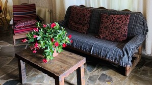 A cozy living room with a stone floor, a wooden coffee table with flowers, a patterned sofa, and a hanging light fixture. - Self catering Barranco de la Salud for 4 people (Nevada)
