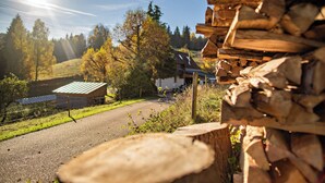 Un paysage rural avec une pile de bois, une maison avec un toit en métal et un ciel dégagé.