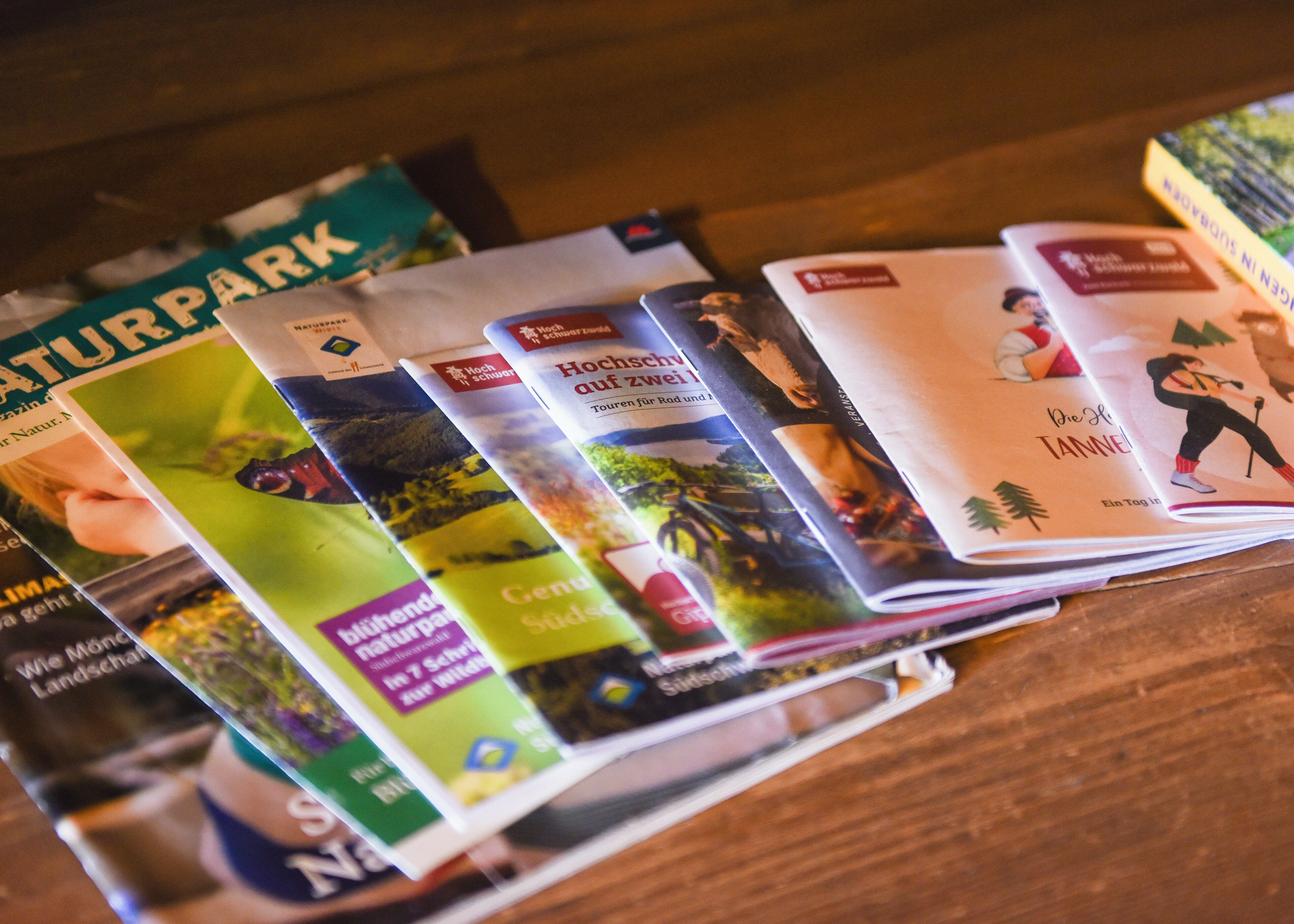 A collection of travel magazines on a wooden surface.