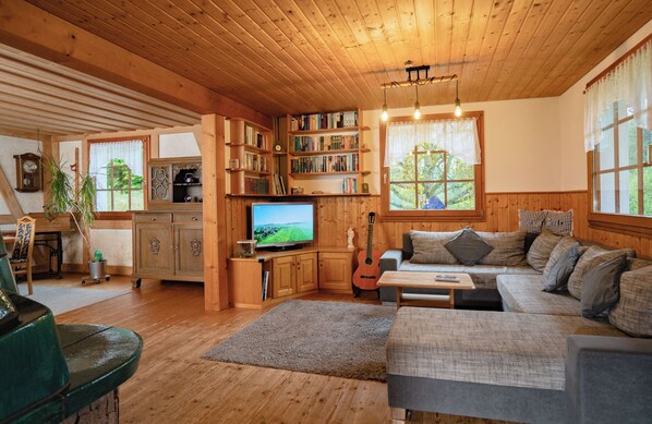 Téléviseur, foyer, table de ping-pong, livres