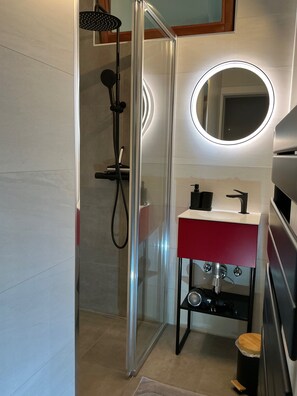 Shower, hair dryer, towels, soap