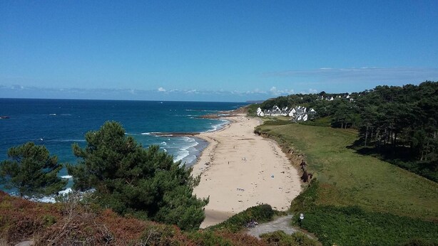 Une plage côtière avec un rivage sablonneux, un sentier bordé d’herbe menant à la plage, et des maisons blanches en arrière-plan.