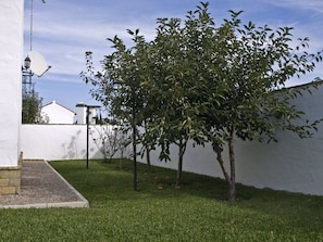Enjoy the serene outdoor space with a neatly trimmed lawn and a small tree.