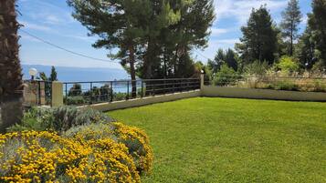 A well-maintained lawn with a metal fence, a stone wall, and a view of the sea.