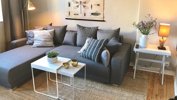 A modern living room with a grey sofa, a small white side table, and a wall-mounted insect illustration.