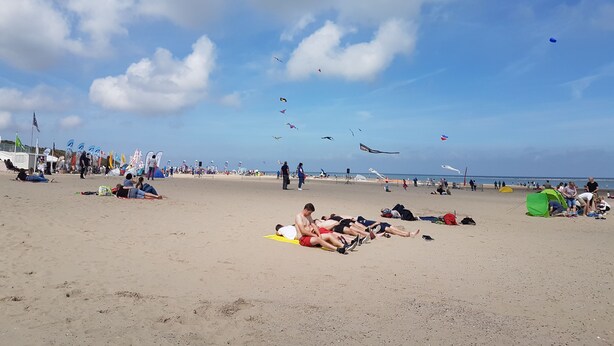 Una playa con gente relajándose y volando cometas.