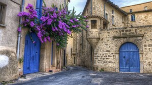 A narrow street with stone buildings, blue doors, and purple flowers.